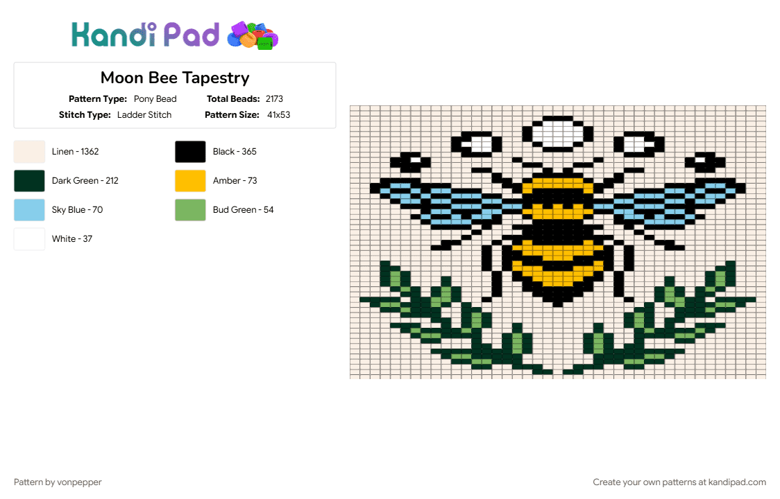 Moon Bee Tapestry - Pony Bead Pattern by vonpepper on Kandi Pad - bee, light blue, moon, tapestry, white, yellow