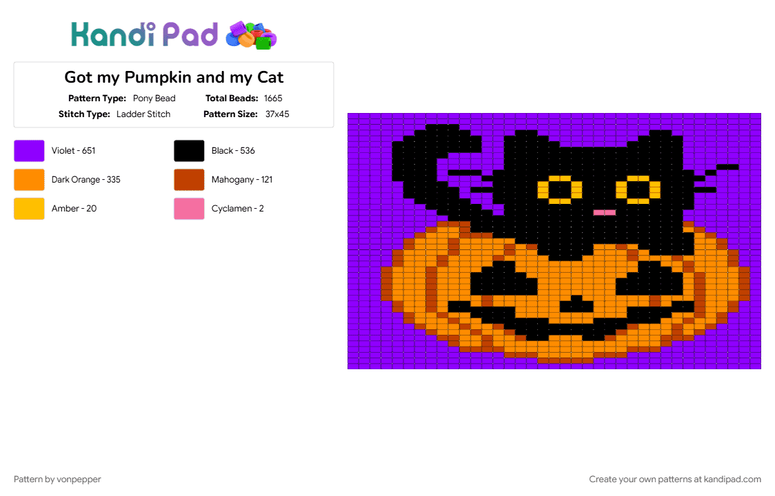 Got my Pumpkin and my Cat - Pony Bead Pattern by vonpepper on Kandi Pad - cat, halloween, orange, pumpkin, purple, spooky