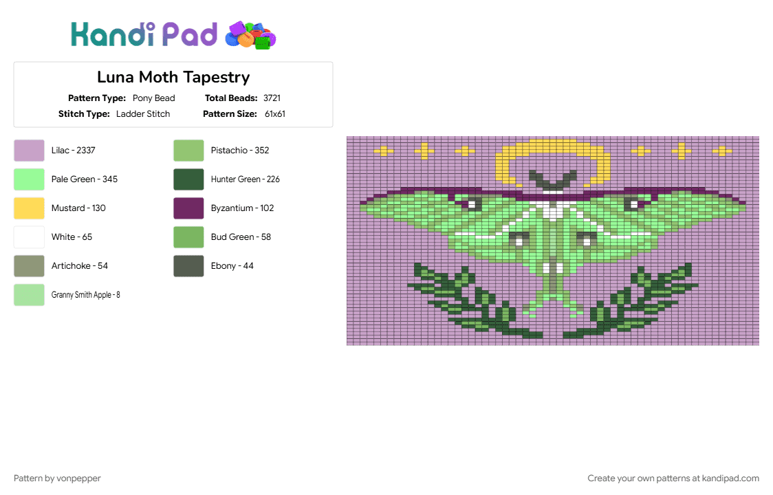 Luna Moth Tapestry - Pony Bead Pattern by vonpepper on Kandi Pad - bug, luna moth, moth, pink, tapestry
