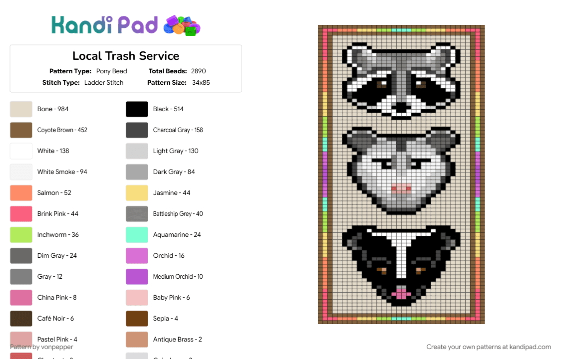Local Trash Service Tapestry - Pony Bead Pattern by vonpepper on Kandi Pad - animal, beige, possum, raccoon, skunk, tan, tapestry, trash cat