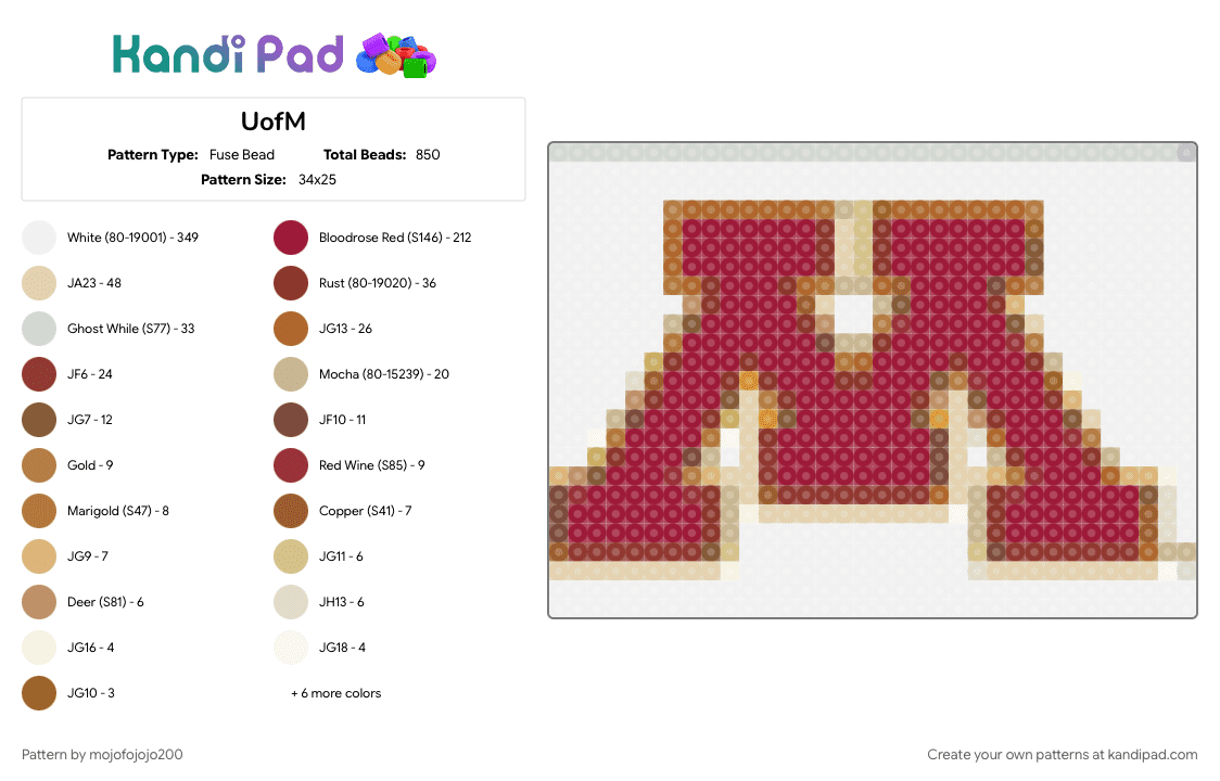 UofM - Fuse Bead Pattern by mojofojojo200 on Kandi Pad - beige, red, white