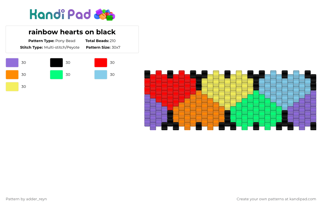 rainbow hearts on black - Pony Bead Pattern by adder_reyn on Kandi Pad - red,teal,yellow,colorful,cuff,rainbow,hearts