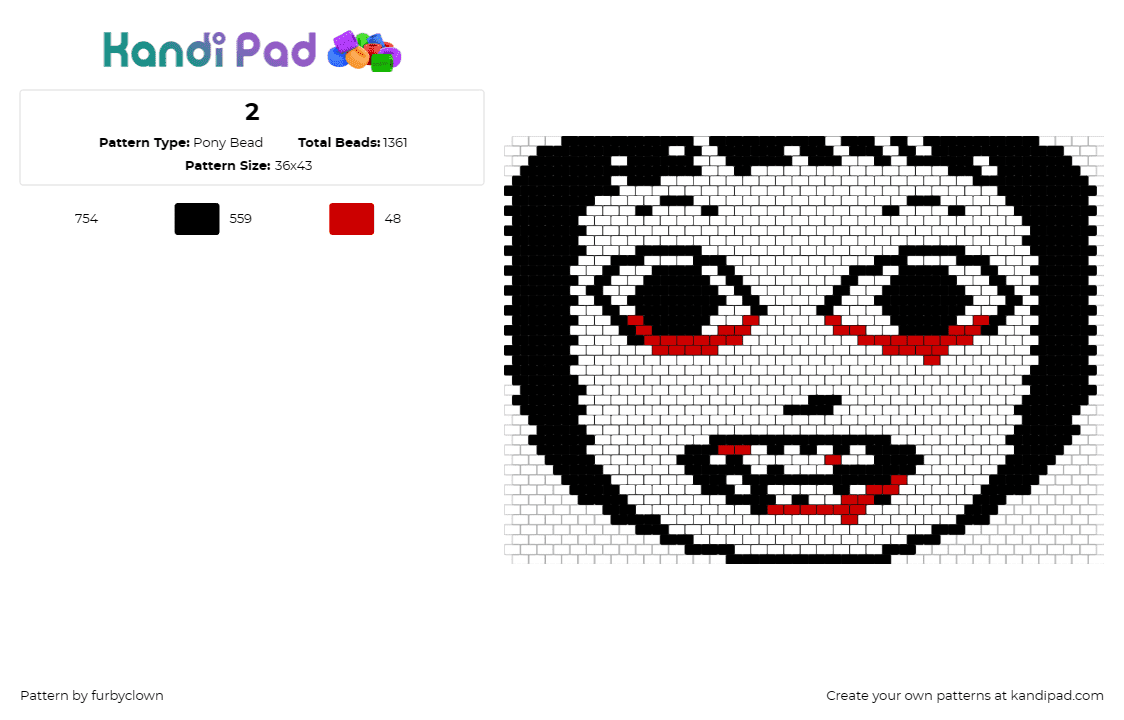 2 - Pony Bead Pattern by furbyclown on Kandi Pad - dollchan,ahenobarbus henocied,meme,creepy,spooky,blood,face,eyes,black,white