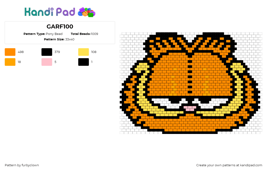 GARF100 - Pony Bead Pattern by furbyclown on Kandi Pad - garfield,cat,comic,smile,classic,orange