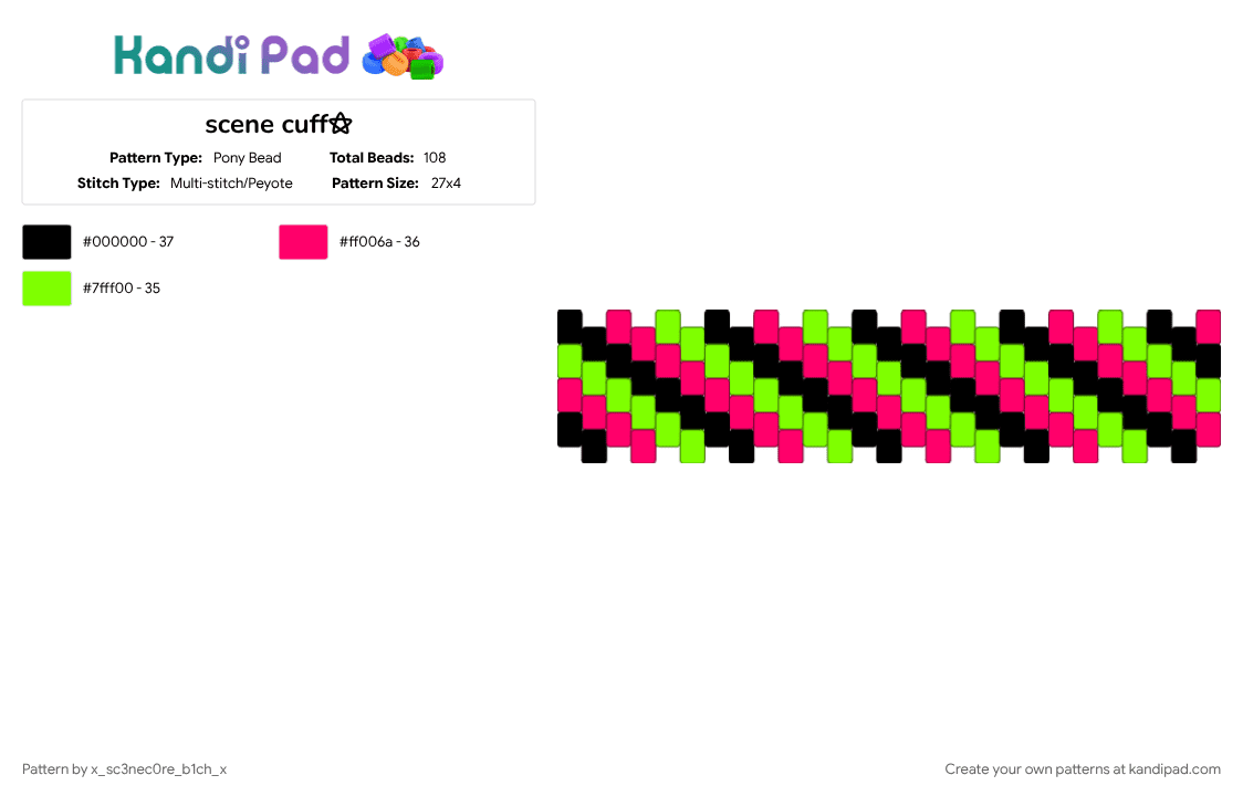 scene cuff⚝ - Pony Bead Pattern by x_sc3nec0re_b1ch_x on Kandi Pad - green, red