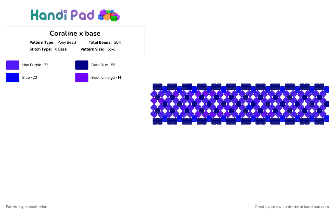 Coraline x base - Pony Bead Pattern by circustherian on Kandi Pad - blue and purple, coraline, cuff, halloween, purple, x base