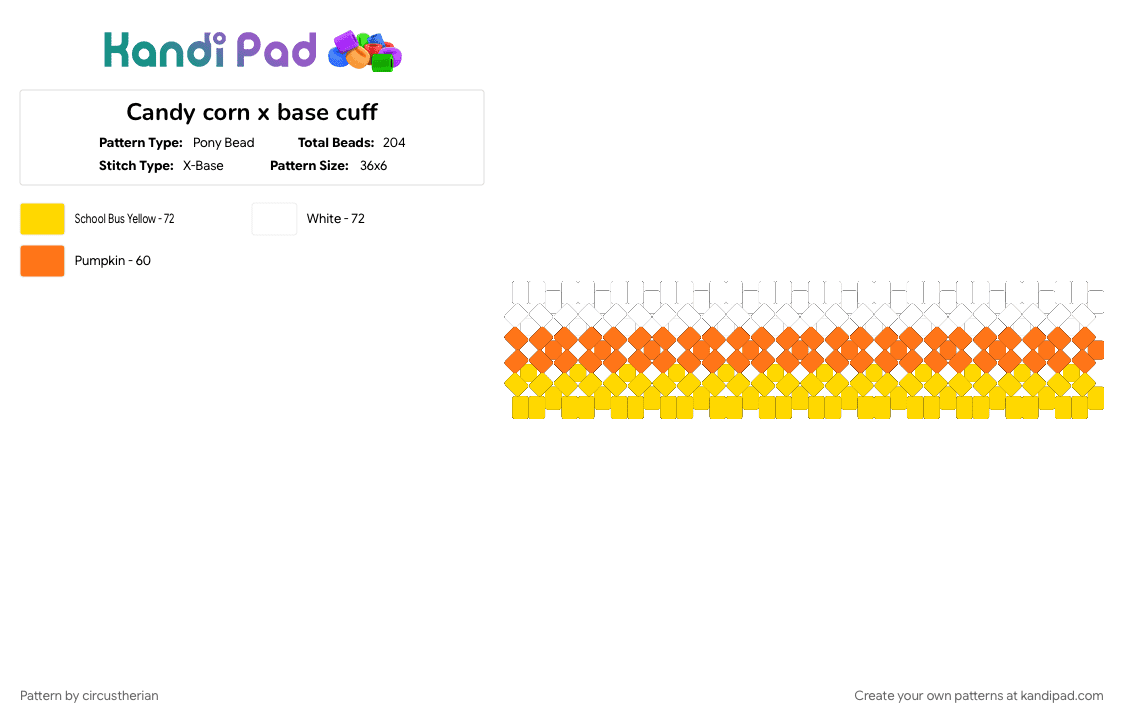 Candy corn x base cuff - Pony Bead Pattern by circustherian on Kandi Pad - candy, candy corn, cute, halloween, orange, yellow