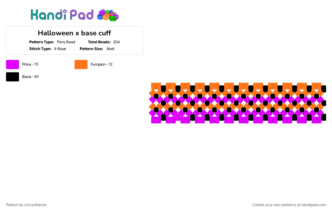 Halloween x base cuff - Pony Bead Pattern by circustherian on Kandi Pad - cute, halloween, orange, pink, purple orange and black, spooky, x base, x base cuff