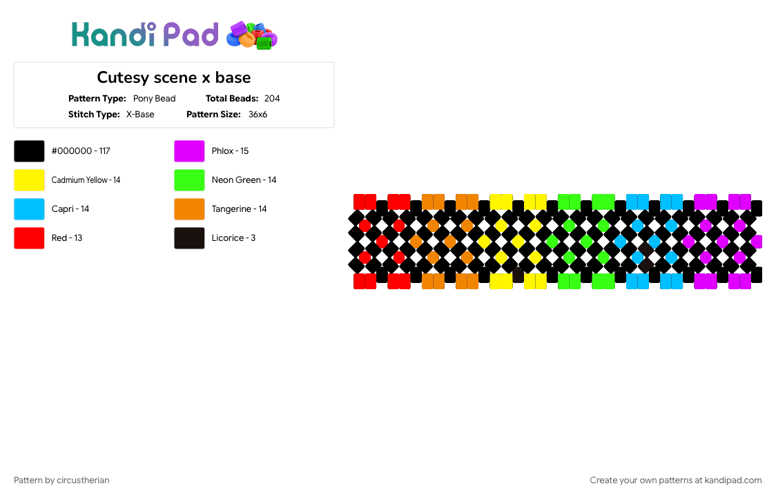scene x base - Pony Bead Pattern by circustherian on Kandi Pad - black, colorful, cuffs, green, pink, rainbow, red, scene, scenecore, x base