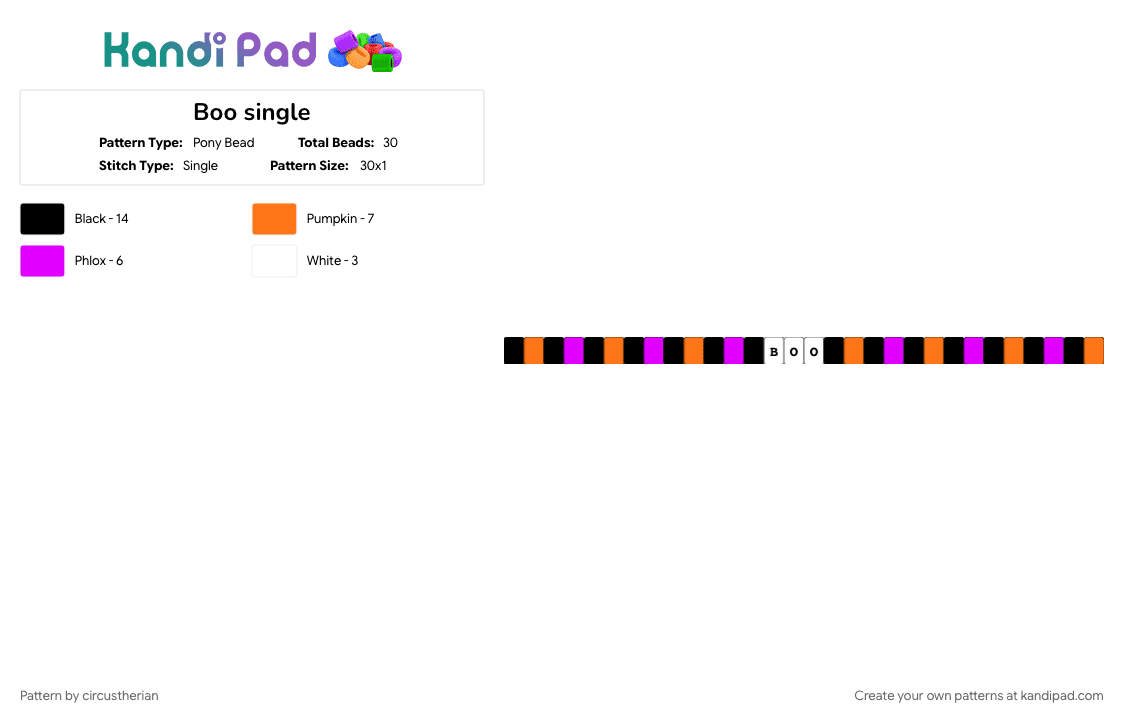 Boo single - Pony Bead Pattern by circustherian on Kandi Pad - boo, cute, easy, halloween, orange, pink, single