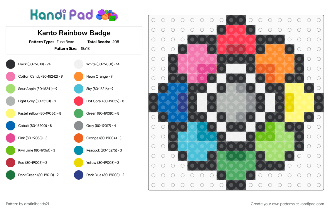 Kanto Rainbow Badge - Fuse Bead Pattern by dratinibeads21 on Kandi Pad - black, colorful, gaming, gym badge, kanto, light blue, pokemon, red, yellow