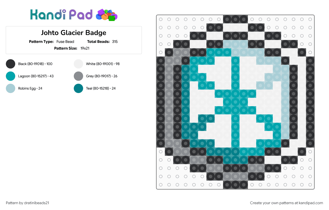 Johto Glacier Badge - Fuse Bead Pattern by dratinibeads21 on Kandi Pad - gaming, gym badge, johto, pokemon, teal