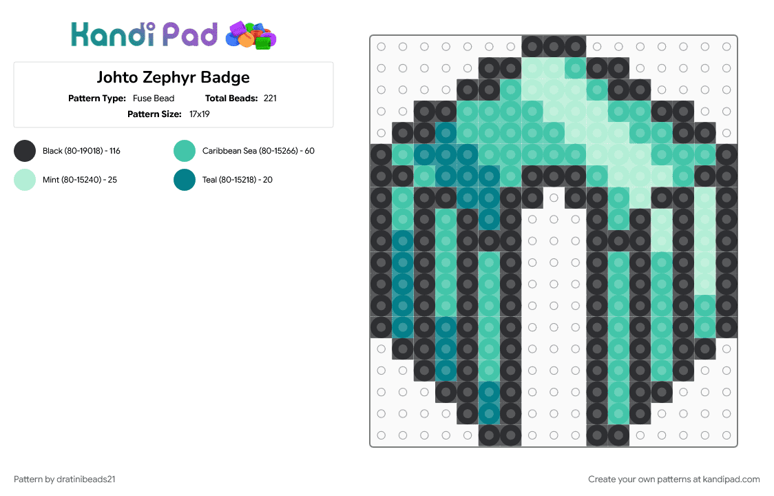 Johto Zephyr Badge - Fuse Bead Pattern by dratinibeads21 on Kandi Pad - gaming, gym badge, johto, pokemon, teal