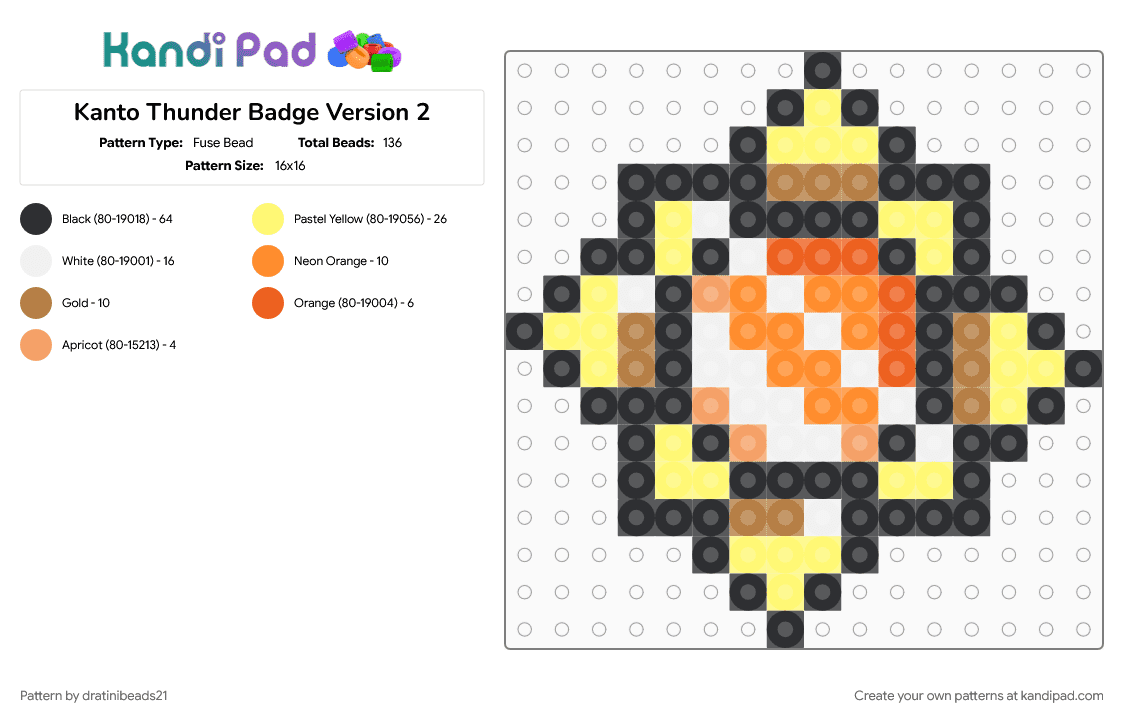 Kanto Thunder Badge Version 2 - Fuse Bead Pattern by dratinibeads21 on Kandi Pad - gaming, gym badge, johto, orange, pokemon, yellow