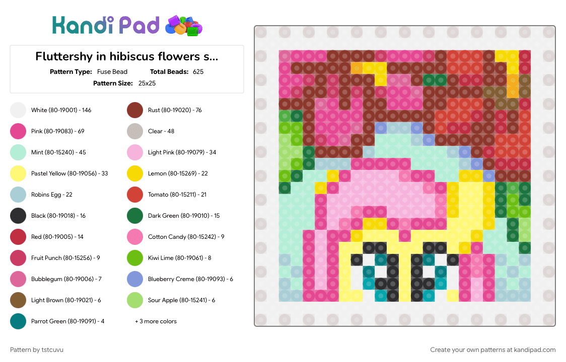 Fluttershy in hibiscus flowers stamp - Fuse Bead Pattern by tstcuvu on Kandi Pad - colorful, light blue, pink, red