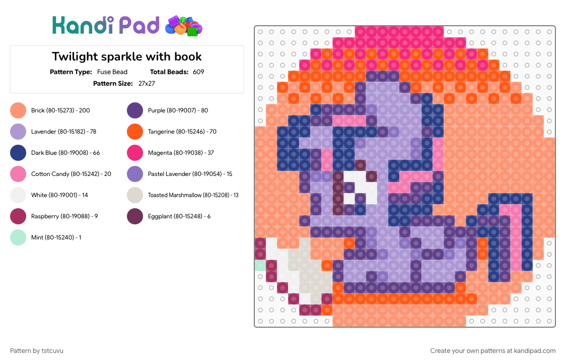 Twilight sparkle with book - Fuse Bead Pattern by tstcuvu on Kandi Pad - orange, pink