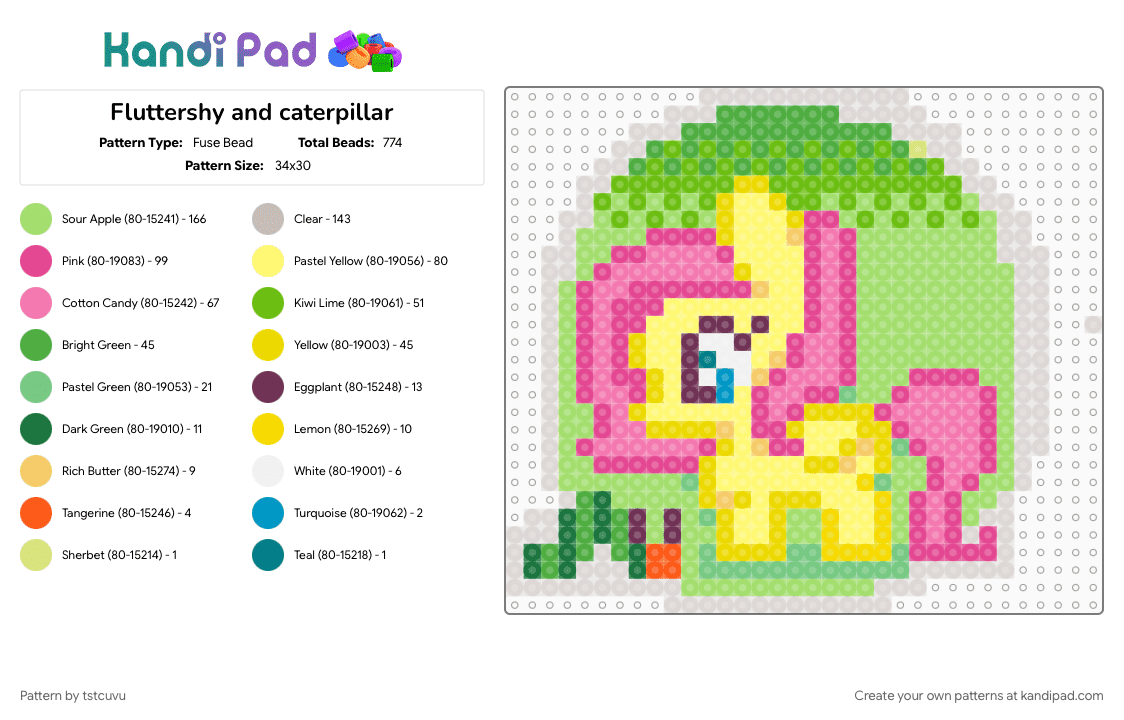 Fluttershy and caterpillar - Fuse Bead Pattern by tstcuvu on Kandi Pad - 