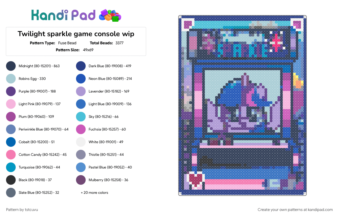 Twilight sparkle game console wip - Fuse Bead Pattern by tstcuvu on Kandi Pad - blue, light blue, pink, purple