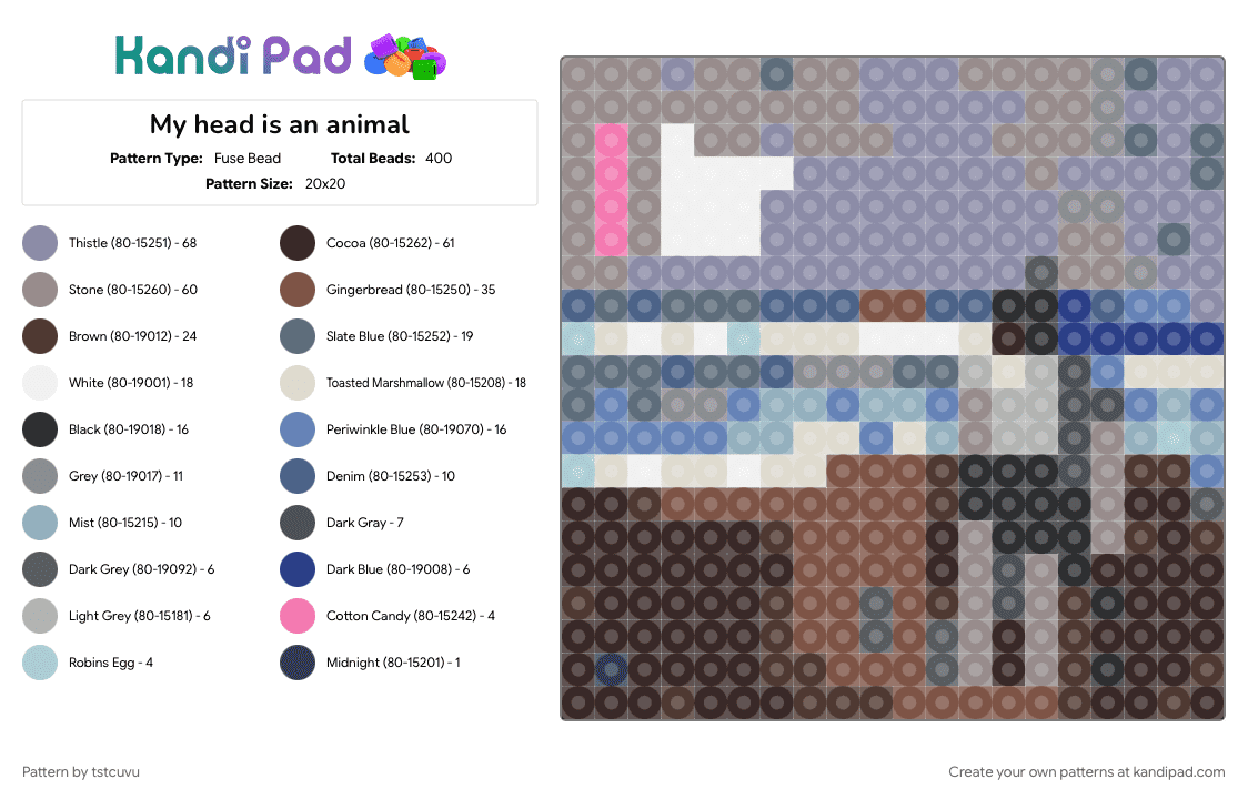 My head is an animal - Fuse Bead Pattern by tstcuvu on Kandi Pad - 