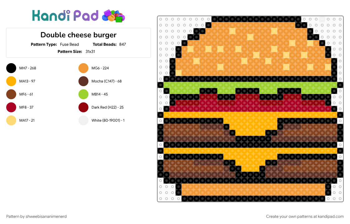 Double cheese burger - Fuse Bead Pattern by shweebisananimenerd on Kandi Pad - brown, burger, cheese, cheeseburger, chezborgor, double cheeseburger, food, numnums, orange