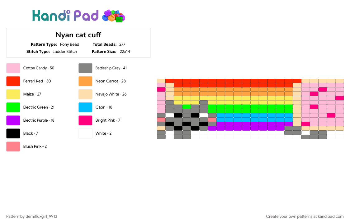 Nyan cat cuff - Pony Bead Pattern by demifluxgirl_9913 on Kandi Pad - colorful, orange, red, yellow
