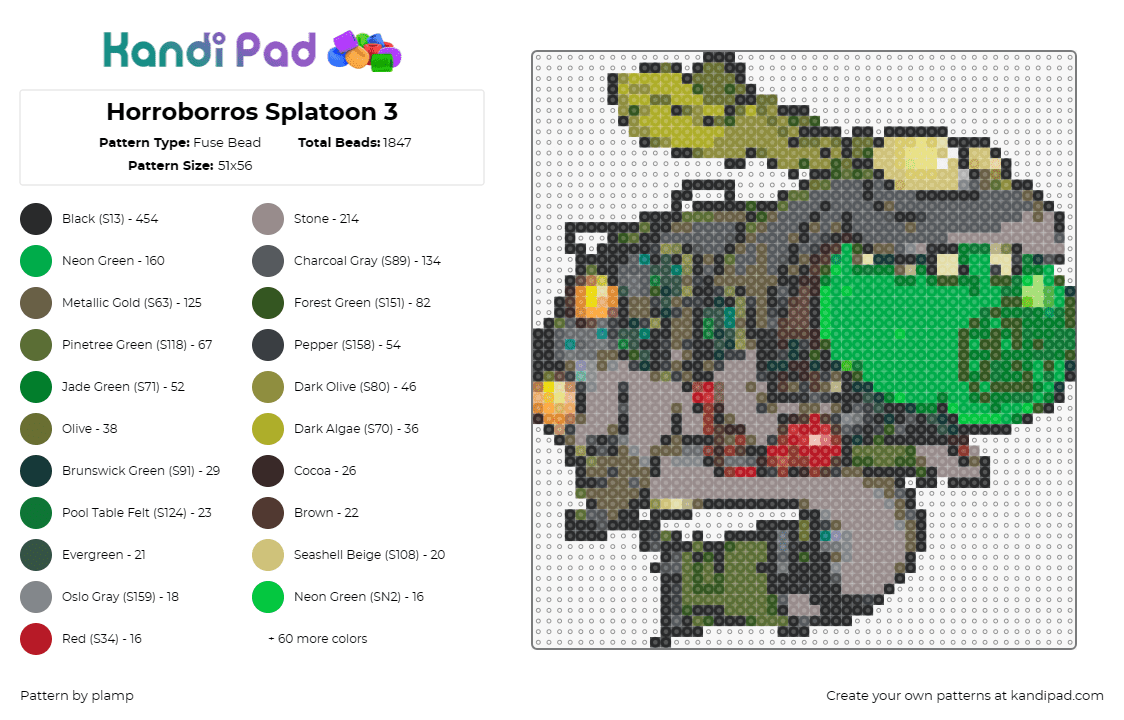 Horroborros Splatoon 3 - Fuse Bead Pattern by plamp on Kandi Pad - horroborros,splatoon,character,video game,creature,gray,green