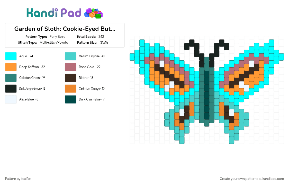 Garden of Sloth: Cookie-Eyed Butterfly - Pony Bead Pattern by foxifox on Kandi Pad - animal, butterfly, crk, cute, garden of sloth, light blue, orange