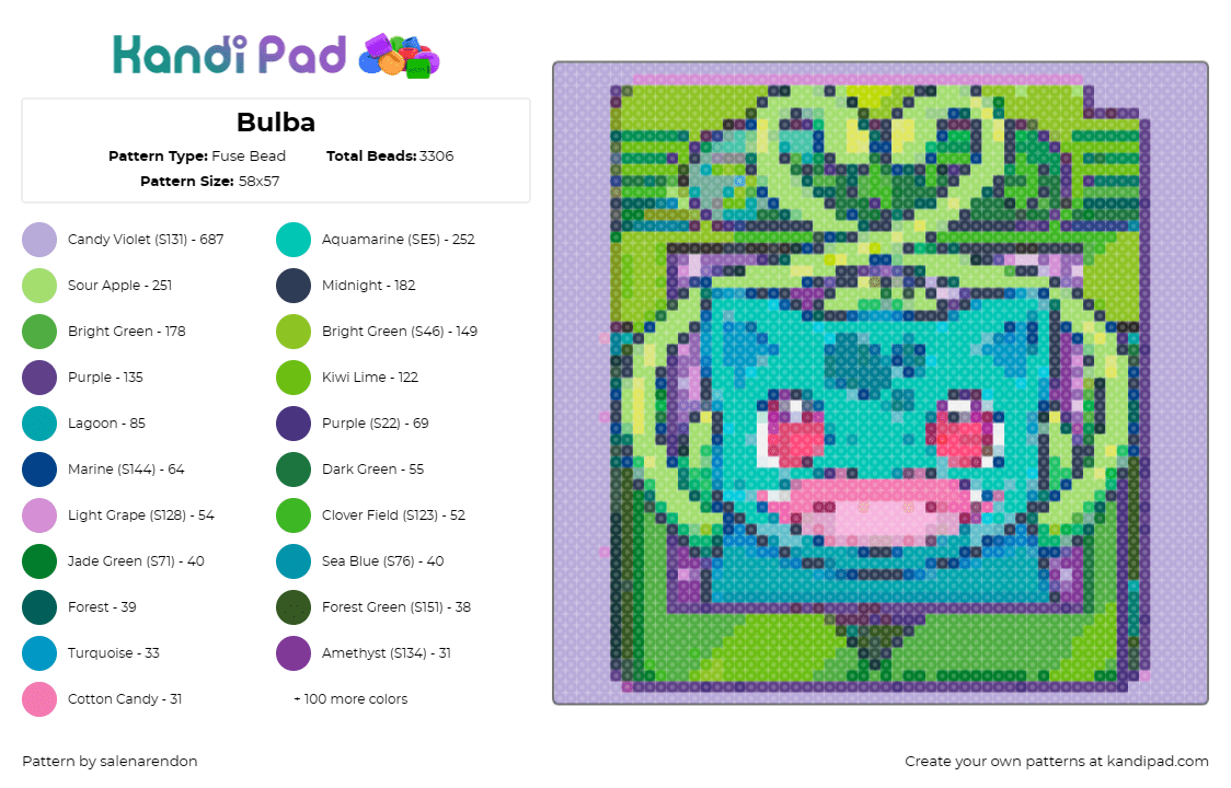 Bulba - Fuse Bead Pattern by salenarendon on Kandi Pad - bulbasaur,pokemon,smile,cute,gaming,teal,green