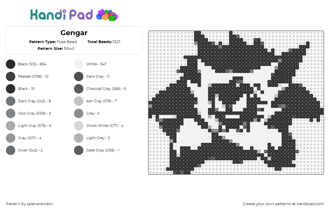 Gengar - Fuse Bead Pattern by salenarendon on Kandi Pad - gengar,ghastly,evolution,silhouette,pokemon,characters,gaming,black,white