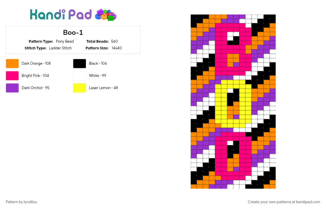 Boo-1 - Pony Bead Pattern by lyndilou on Kandi Pad - halloween, orange, pink, purple