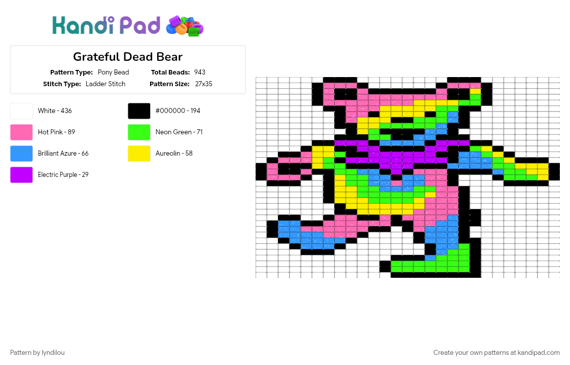 Grateful Dead Bear - Pony Bead Pattern by lyndilou on Kandi Pad - colorful, grateful dead, pink, white, yellow