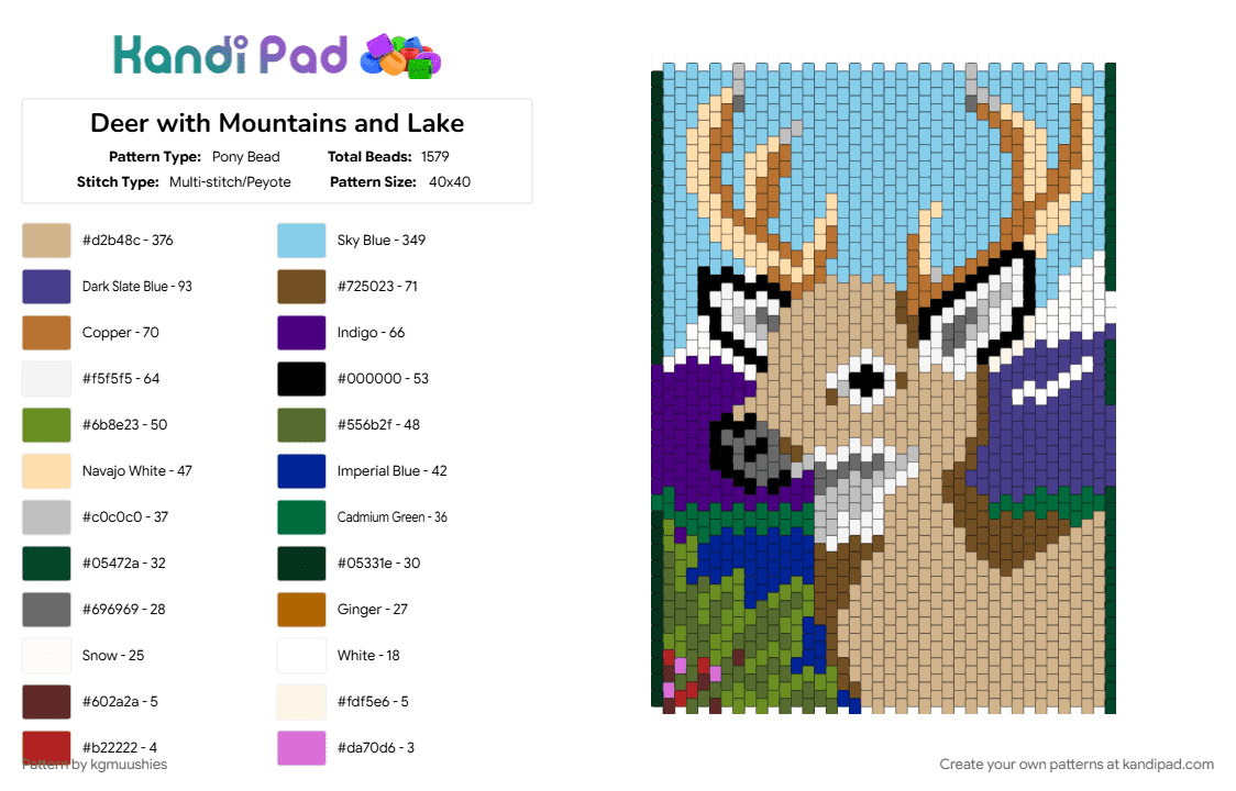 Deer with Mountains and Lake - Pony Bead Pattern by kgmuushies on Kandi Pad - beige, light blue, purple, tan