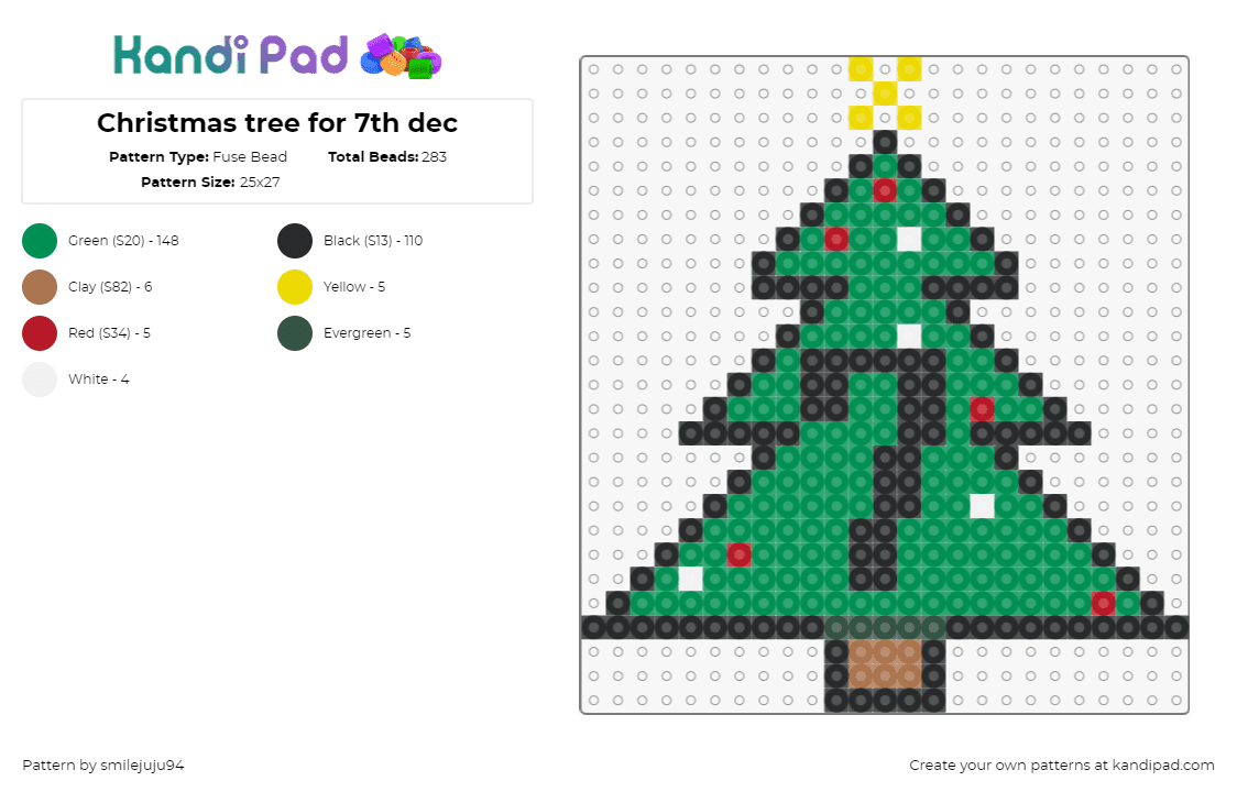 Christmas tree for 7th dec - Fuse Bead Pattern by smilejuju94 on Kandi Pad - tree,christmas,pine,7,number,green,black