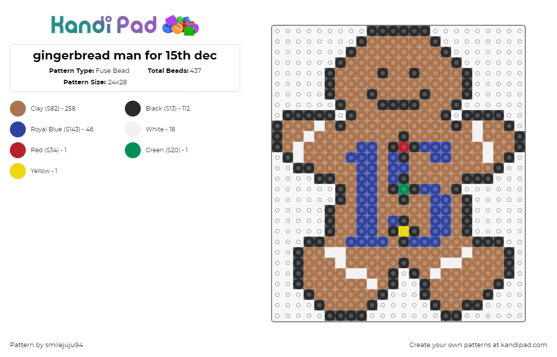 gingerbread man for 15th dec - Fuse Bead Pattern by smilejuju94 on Kandi Pad - gingerbread man,cookie,15,number,christmas,festive,brown,blue