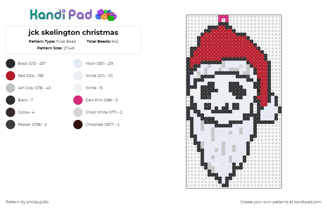 jck skelington christmas - Fuse Bead Pattern by smilejuju94 on Kandi Pad - jack skelington,santa,nightmare before christmas,ornament,white,red