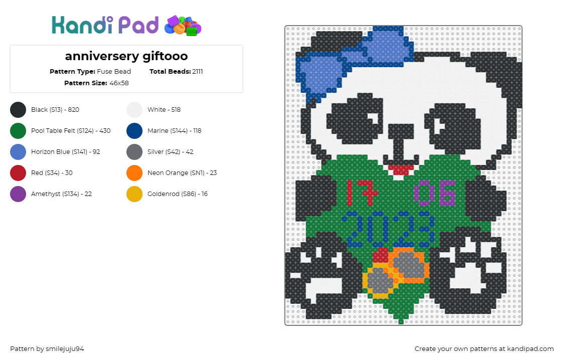 anniversery giftooo - Fuse Bead Pattern by smilejuju94 on Kandi Pad - panda,love,sign,heart,valentine,rings,bow,cute,animal,green,white,black