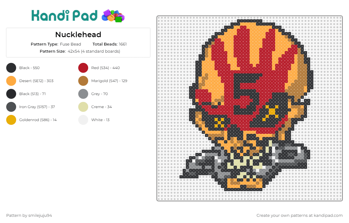 Nucklehead - Fuse Bead Pattern by smilejuju94 on Kandi Pad - five finger death punch,skull,band,chain,music,hand,spooky,creepy,red,orange