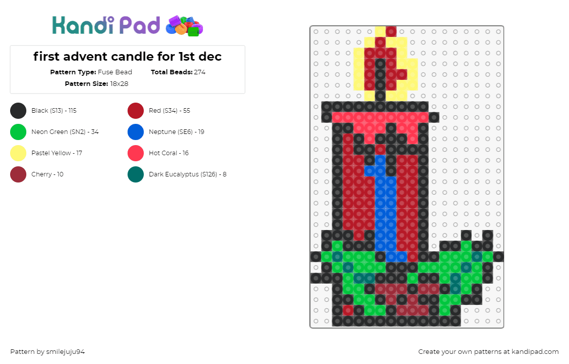 first advent candle for 1st dec - Fuse Bead Pattern by smilejuju94 on Kandi Pad - candle,advent,christmas,flame,holly,1,number,red,green