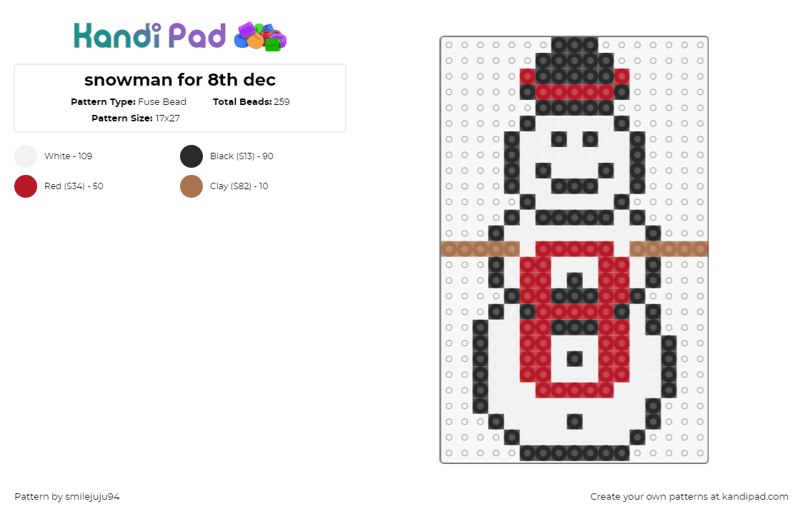 snowman for 8th dec - Fuse Bead Pattern by smilejuju94 on Kandi Pad - snowman,winter,christmas,8,number,smile,red,white