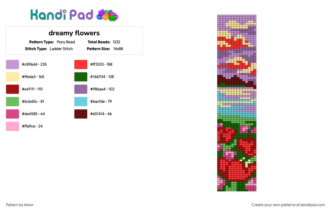 dreamy flowers - Pony Bead Pattern by klowr on Kandi Pad - green, pink, red