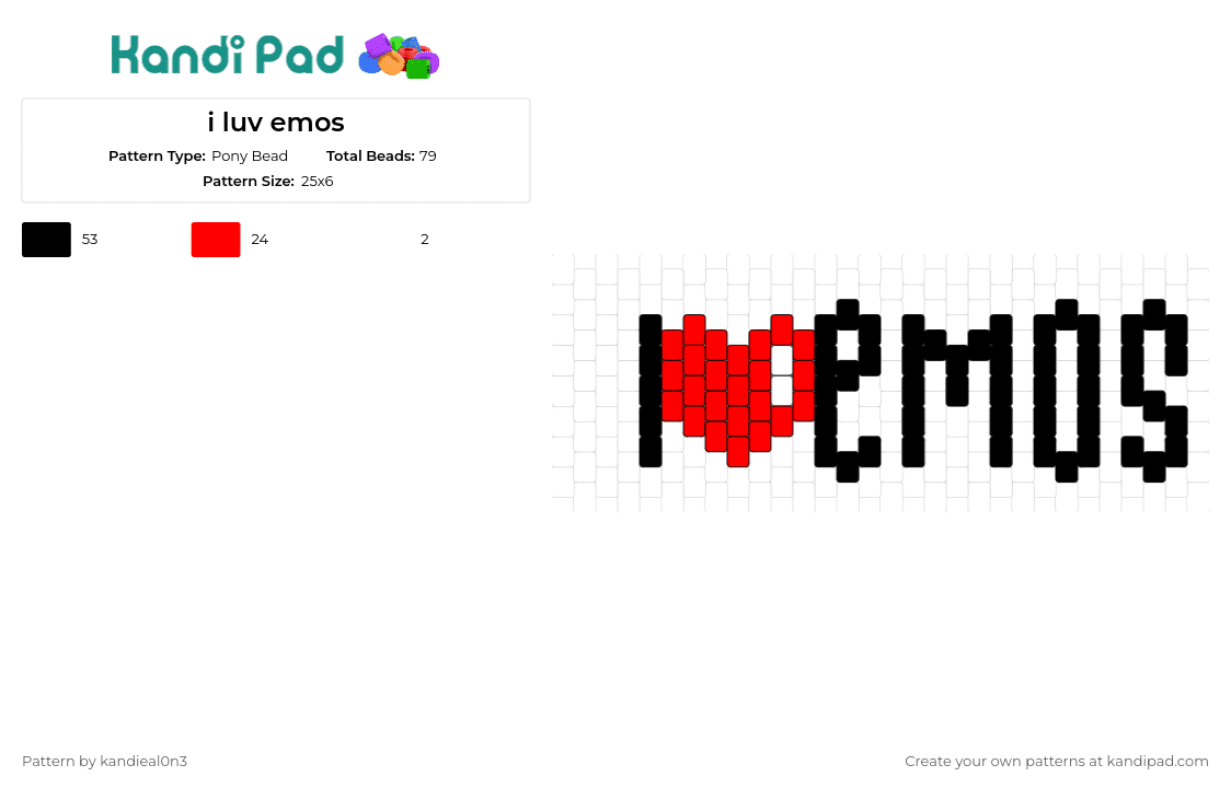 i luv emos - Pony Bead Pattern by kandieal0n3 on Kandi Pad - emo,text,love,heart,black,red