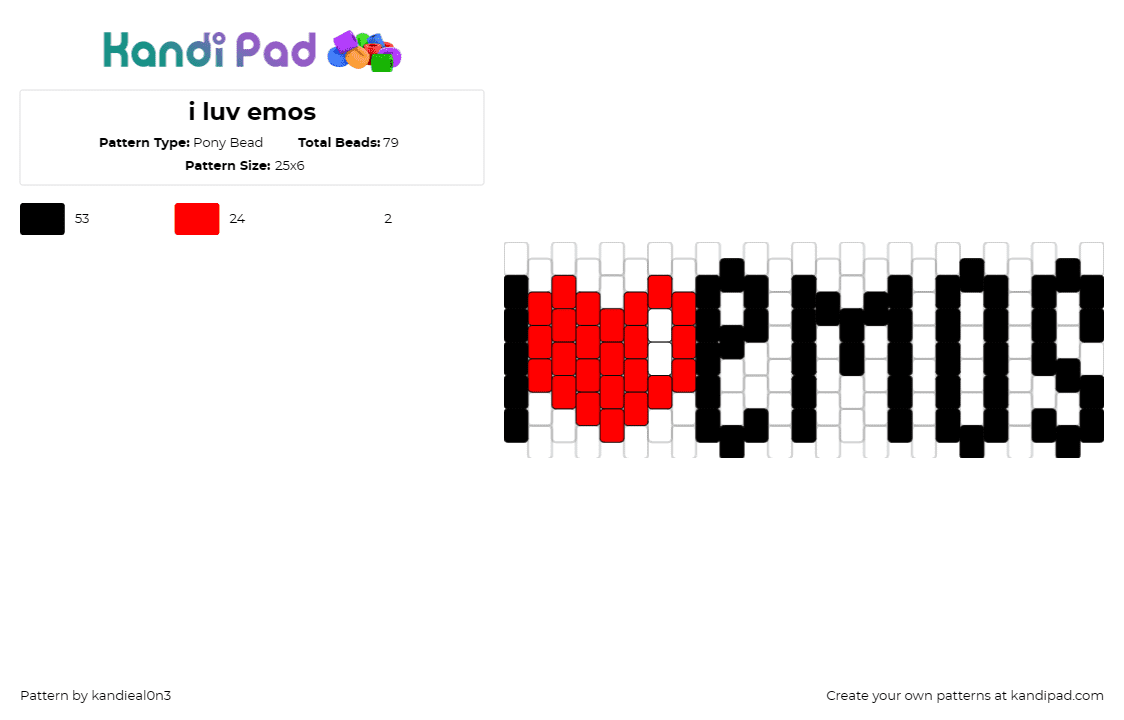 i luv emos - Pony Bead Pattern by kandieal0n3 on Kandi Pad - emo,text,love,heart,black,red