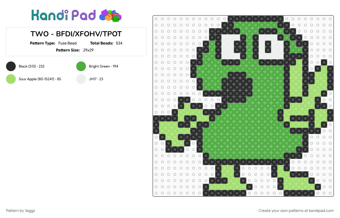 TWO - BFDI/XFOHV/TPOT - Fuse Bead Pattern by 1eggz on Kandi Pad - bfdi, fusebead, green, object show, perler bead, tpot, two tpot, xfohv