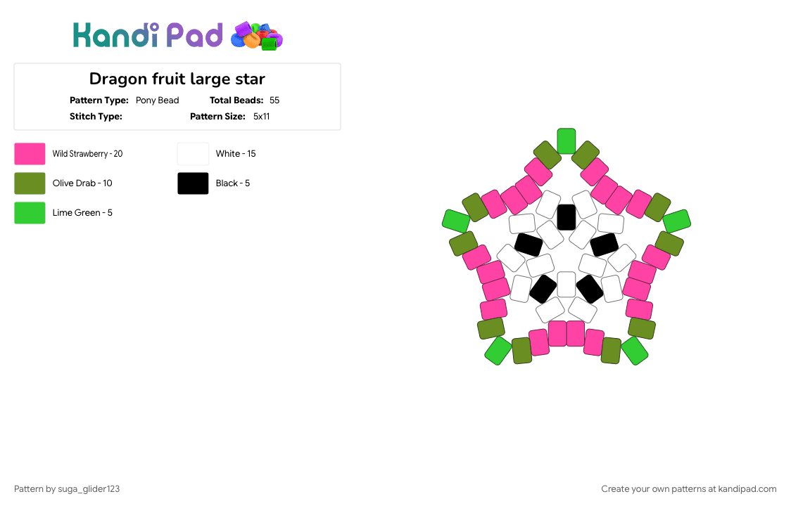 Dragon fruit large star - Pony Bead Pattern by suga_glider123 on Kandi Pad - green, pink