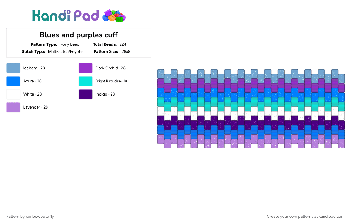 Blues and purples cuff - Pony Bead Pattern by rainbowbuttrfly on Kandi Pad - blue, light blue, purple