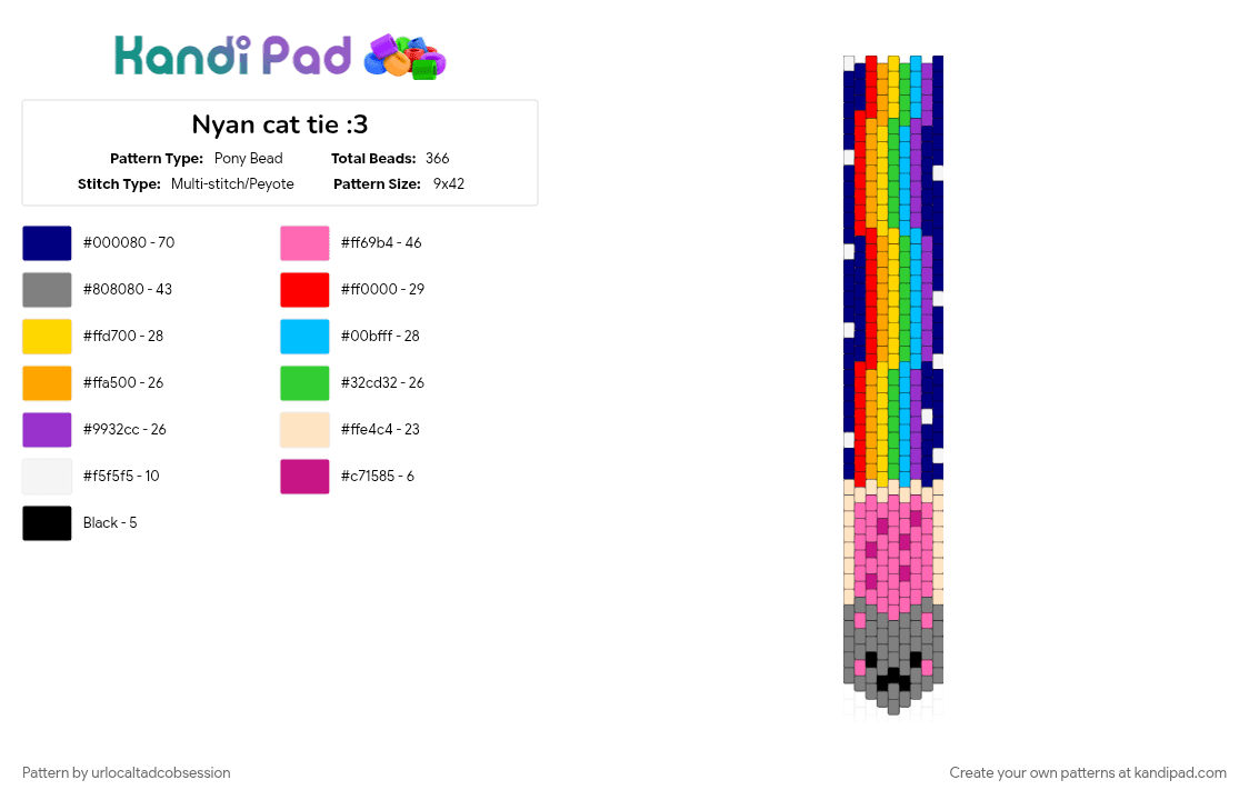 Nyan cat tie :3 - Pony Bead Pattern by urlocaltadcobsession on Kandi Pad - gray, pink, purple
