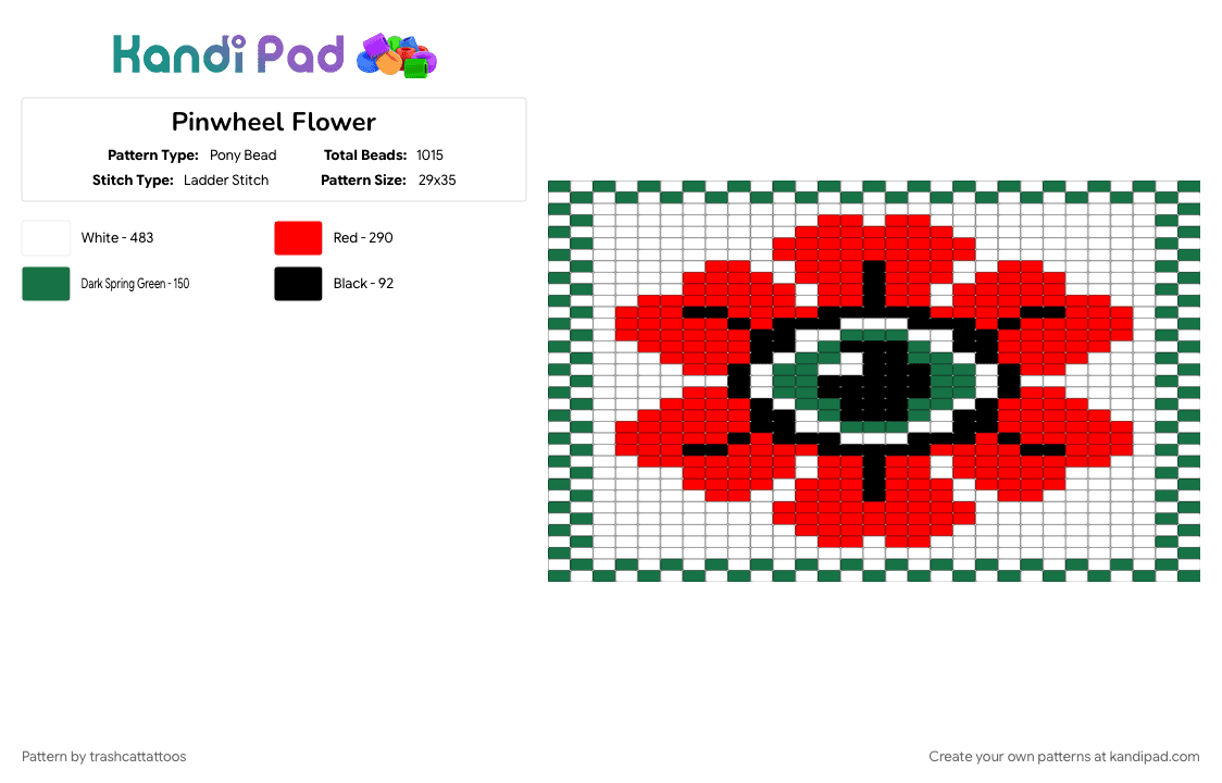 Pinwheel Flower - Pony Bead Pattern by trashcattattoos on Kandi Pad - green, red