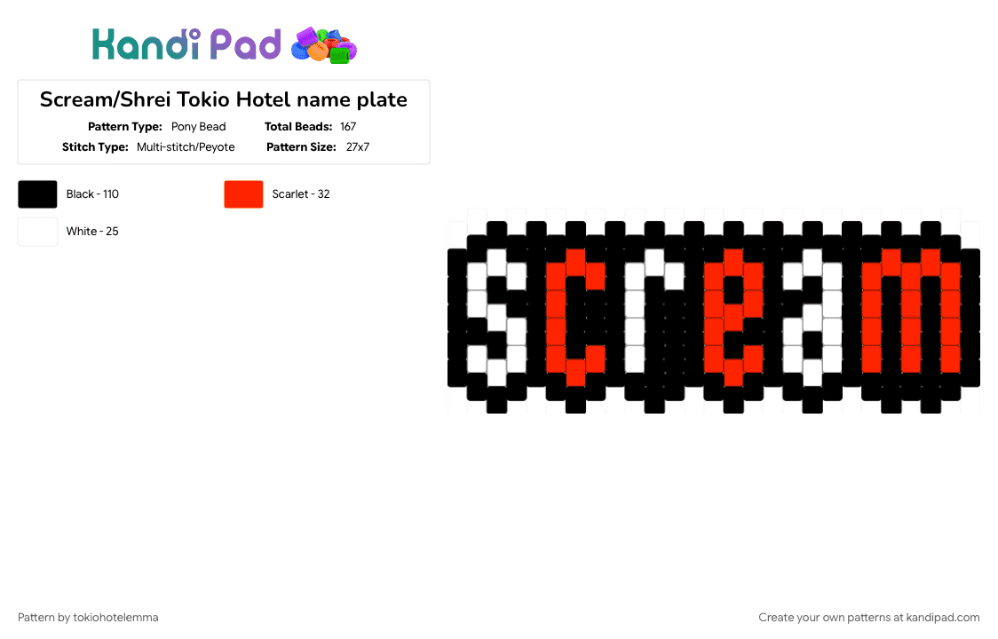 Scream/Shrei Tokio Hotel name plate - Pony Bead Pattern by tokiohotelemma on Kandi Pad - black, red, schrei, scream, tokio hotel, tokiohotelemma, white