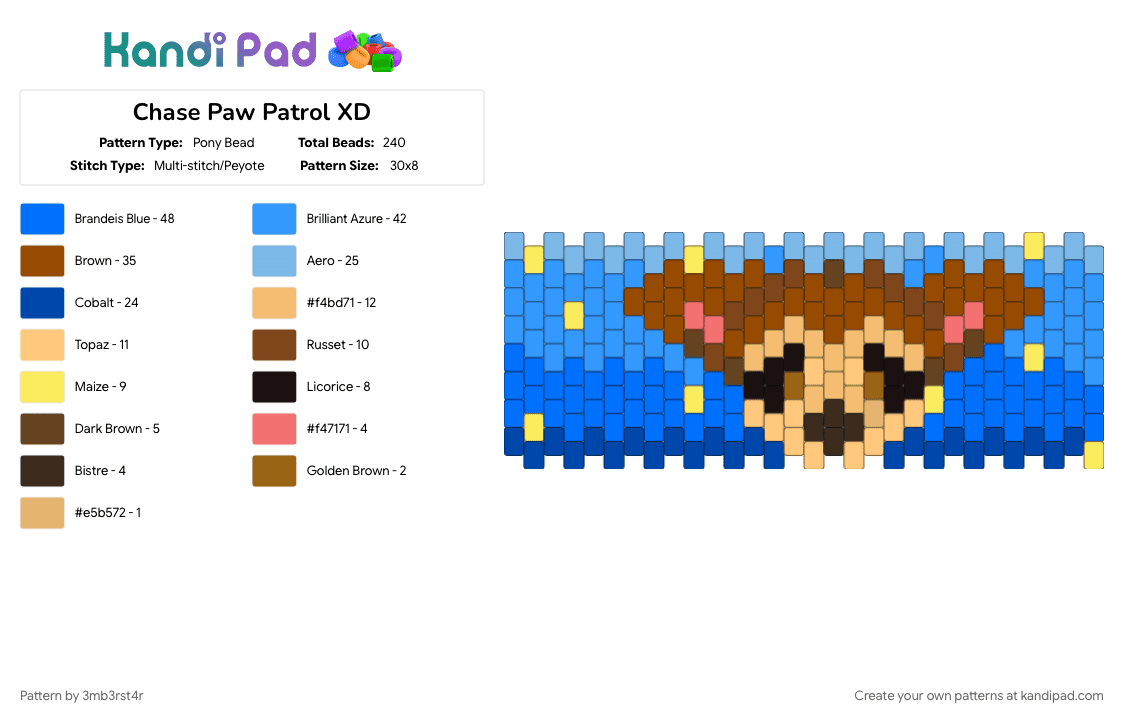 Chase Paw Patrol XD - Pony Bead Pattern by 3mb3rst4r on Kandi Pad - blue, character, chase, dog, light blue, paw patrol, red