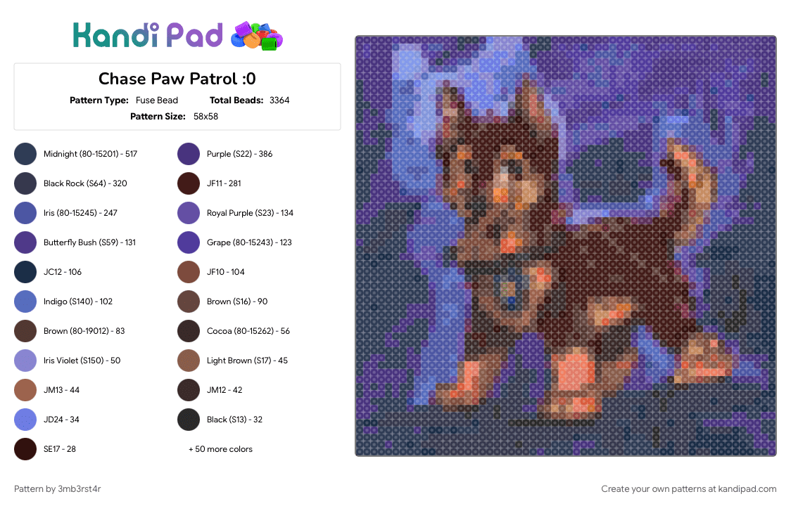Chase Paw Patrol :0 - Fuse Bead Pattern by 3mb3rst4r on Kandi Pad - character, cotdadventurenovels, paw patrol, tv show